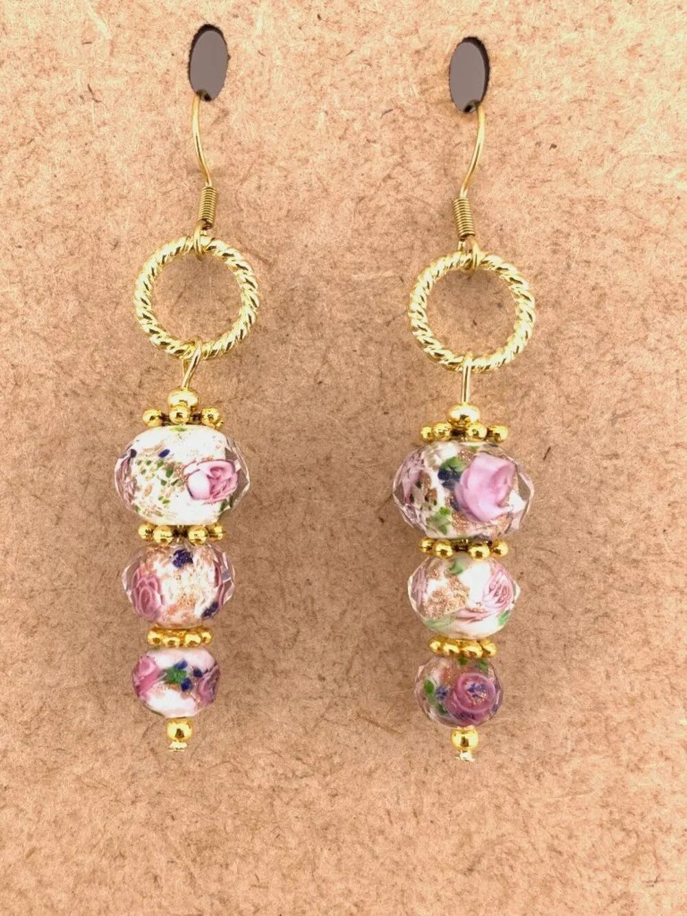 Rose Flower Facet Cut Glass Lampwork Bead Elegant Handcrafted Earrings LR217
